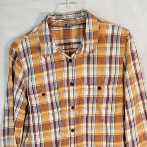Horny Toad Long Sleeve Plaid Button Shirt Women's size S Burnt Orange and Brown
